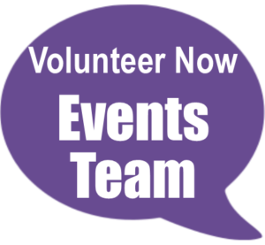 Purple speech bubble with the words Volunteer Now Events Team inside