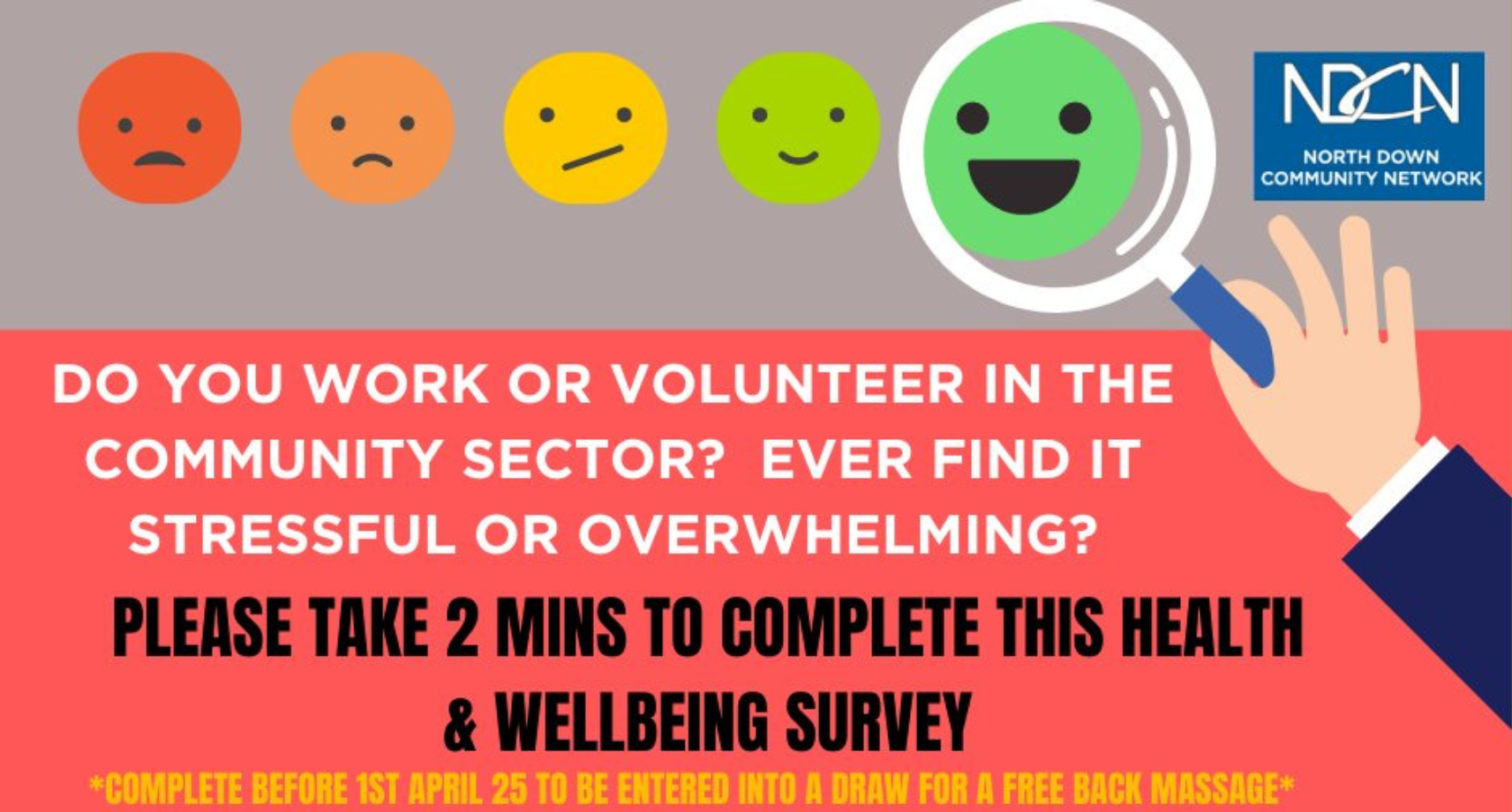 Do you work or volunteer in the Community Sector? Ever find it stressful or overwhelming? Please take 2 minutes to complete this health & wellbeing survey from North Down Community Network.