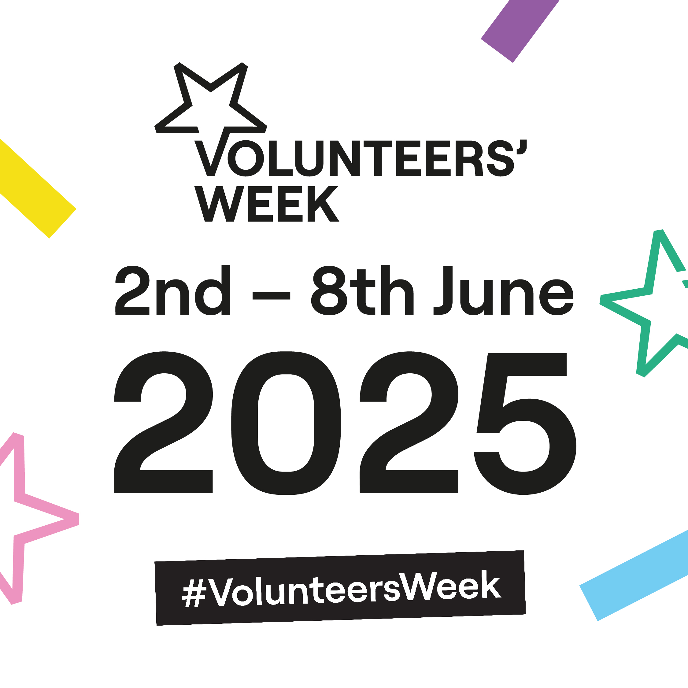 Image with text: Volunteers' Week 2nd-8th June 2025 #VolunteersWeek and 3 stars and 3 lines