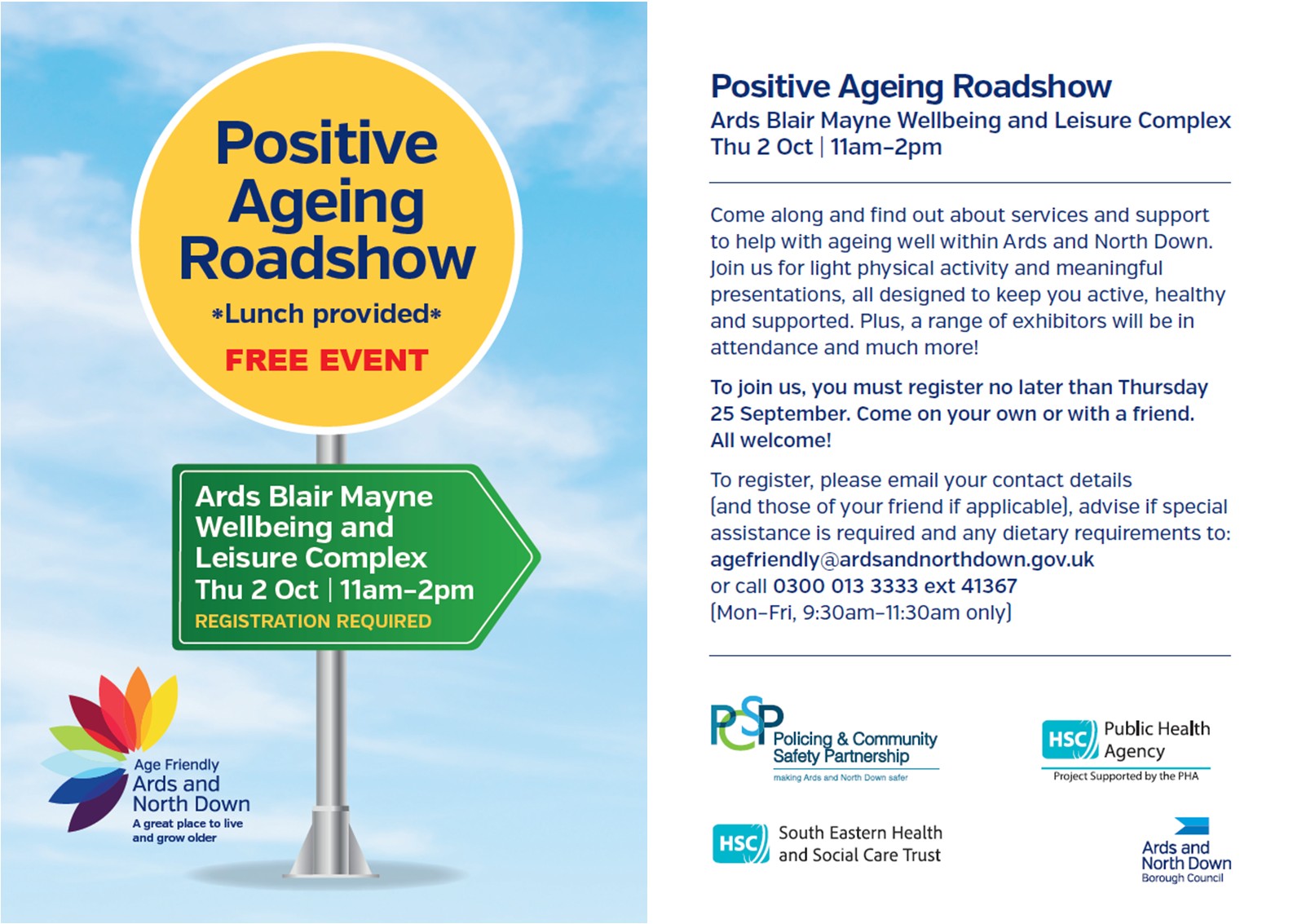 Positive Ageing Roadshow on 2 October at 11am in Ards Blair Mayne Wellbeing & Leisure Complex