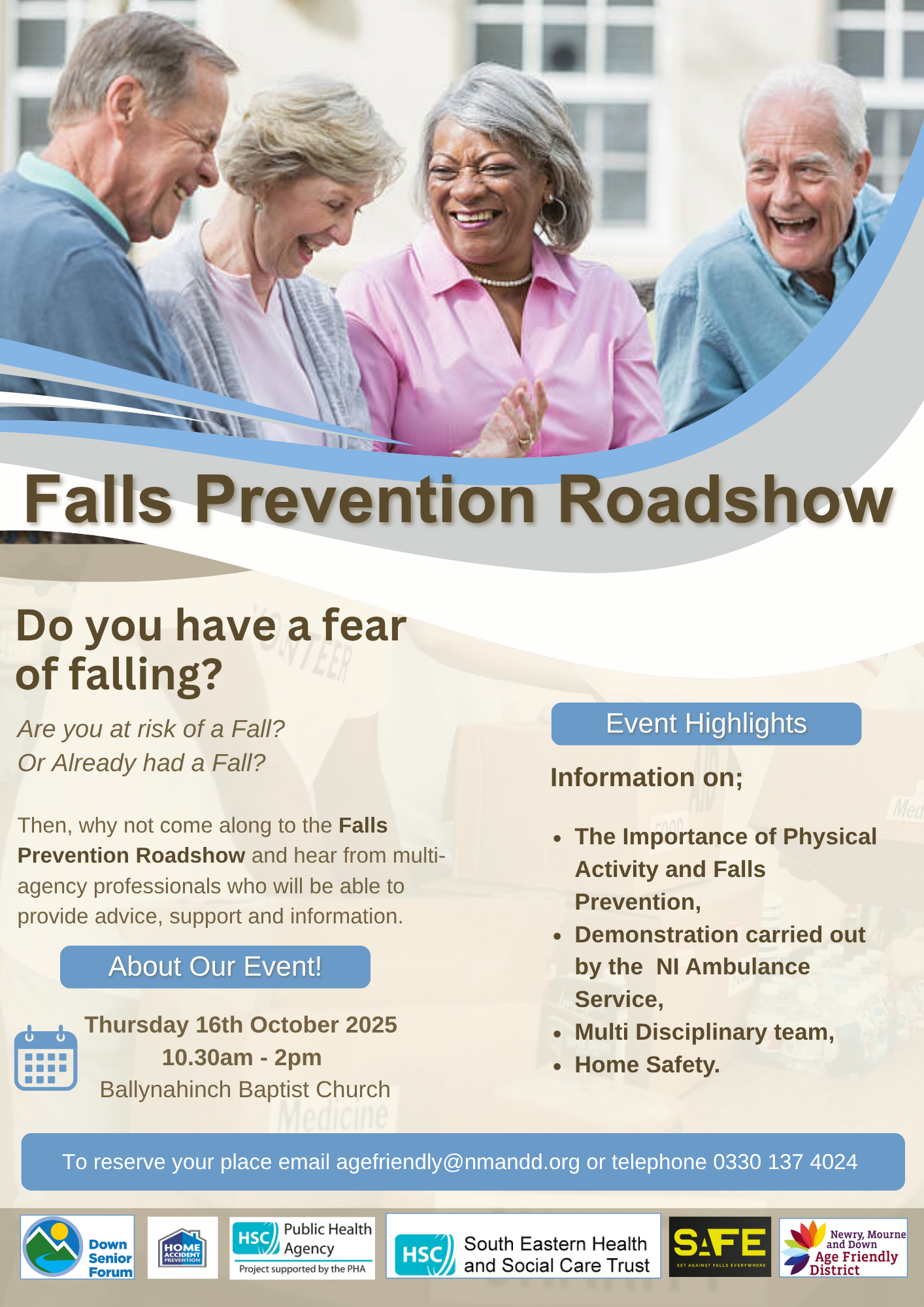 Falls prevention roadshow, 16 October, 10.30am in Ballynahinch Baptist Church