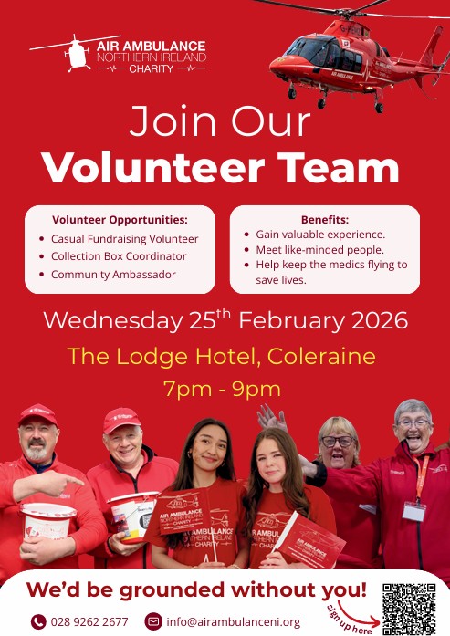 Air Ambulance NI recruitment poster showing a group of their volunteers and the text "Join our volunteer Team"