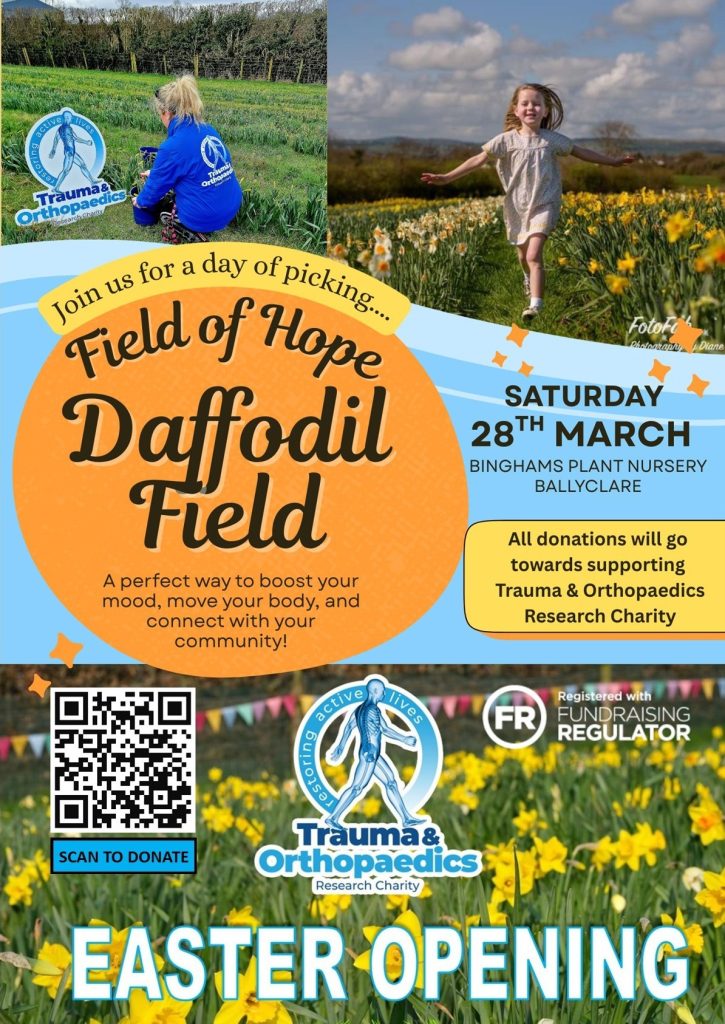 TORC daffodil field volunteer recruitment poster. Shows images of children in fields of daffodils, date and time, and the text "all donations will go towards supporting Trauma and Orthopaedics Research Charity"