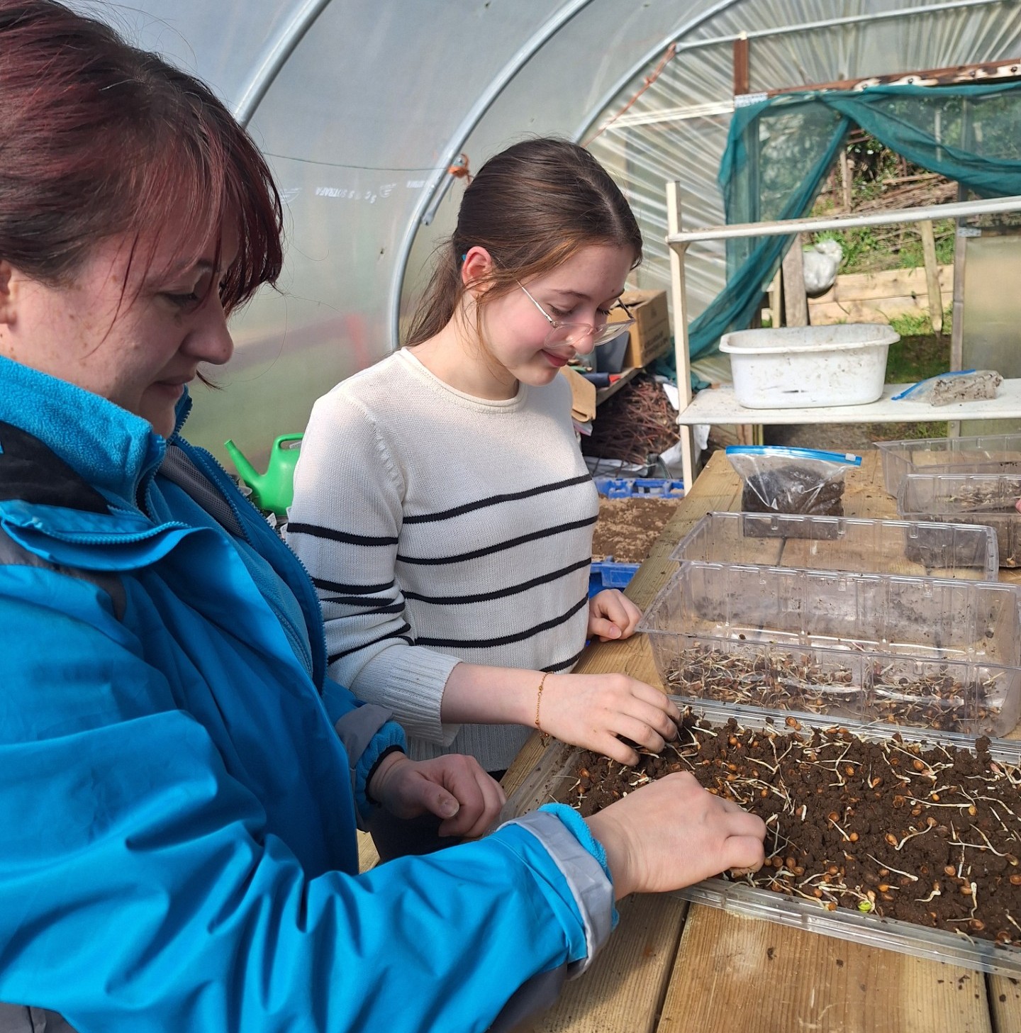 A mum and her daughter planting seeds in a greenhouse